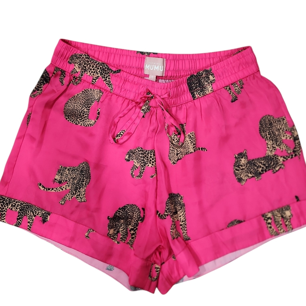 Show Me Your MUMU Early Riser PJ Shorts In Fuchsia Feline Print. S - Picture 2 of 9